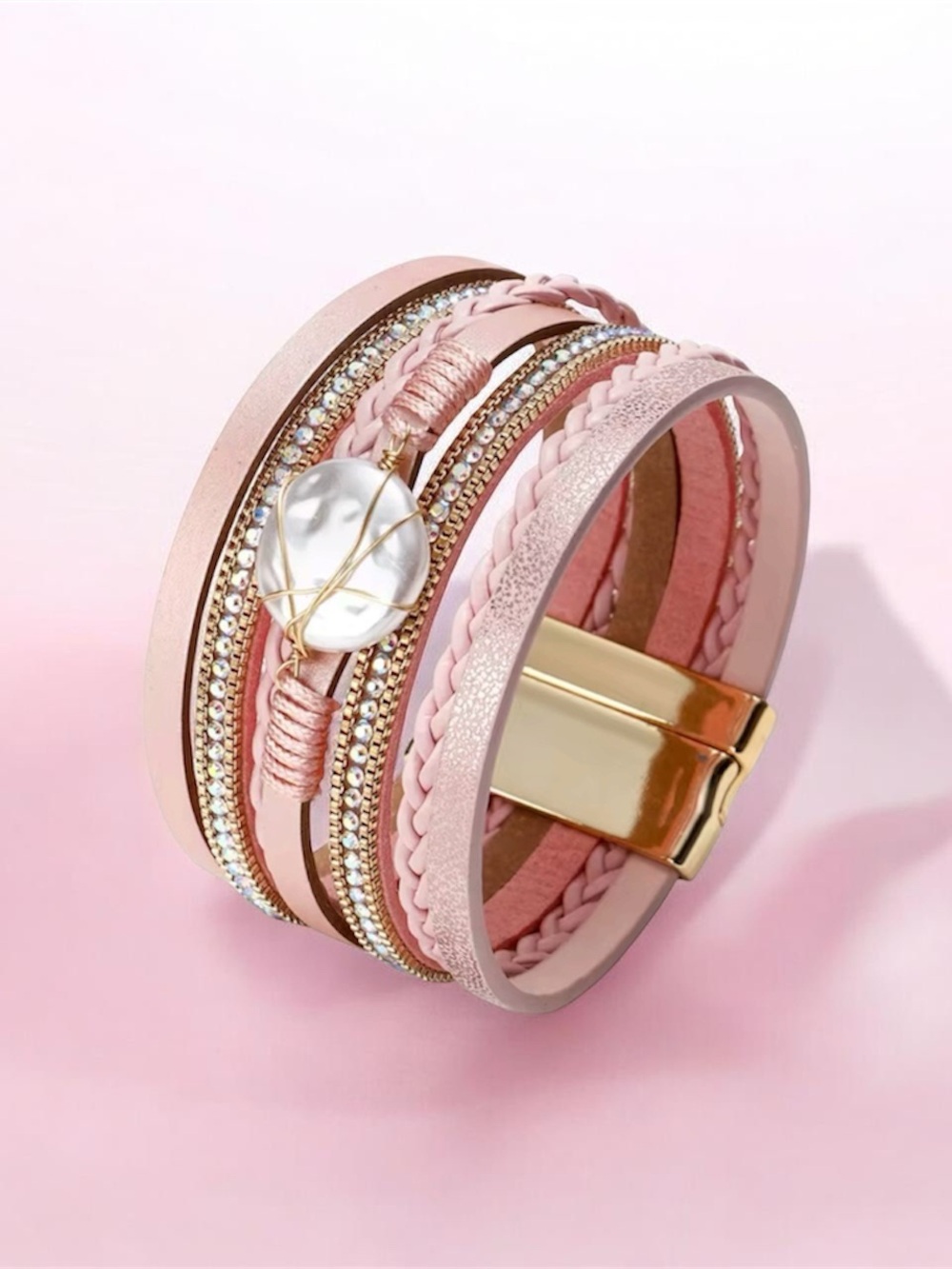 Pink Boho Multi-Layered Faux Pearl & Rhinestone Wrap Bracelet